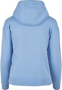 Sweat à capuche bleu clair avec manches longues, poignets et ceinture côtelés, montré de dos sur un fond blanc.