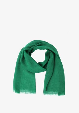 Zelena lanena marama, lagana i mekana, u pravokutnom obliku s razdrapanim rubovima, s glatkom teksturom.