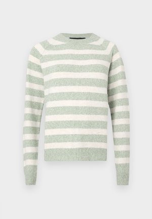 Csíkos pulóver puha zöld és fehér színben. Kötött anyag, kerek nyakkivágással és bordázott ujjvéggel. Laza szabású. Vízszintes csíkok egyenletes távolságra.