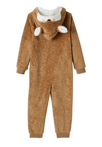 Brown fleece onesie with white polka dots, ribbed cuffs, and a hood featuring a deer face and ears.
