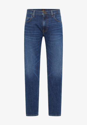 Blåjeans i denim med rak passform, utrustade med fem fickor, subtila slitningar och kontrastsömmar längs sömmarna.