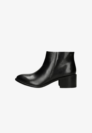 Black leather ankle boot with a sleek design, rounded toe, and a low block heel. Features a smooth texture and minimalistic stitching details.