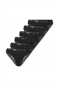 Black lace thong underwear set featuring a floral lace trim and smooth fabric. Each piece is designed with a low rise and minimal coverage.