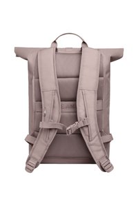 Zaino a roll-top in tessuto taupe chiaro, con schienale imbottito in rete, spallacci regolabili e maniglia superiore per il trasporto.