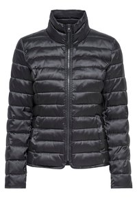 Svart vadderad puffjacka med hög krage, långa ärmar och framzipper.