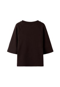 Tummanruskea lyhythihainen pusero, jossa on pyöreä kaula-aukko, valmistettu pehmeästä puuvillasekoitteesta. Puserossa on raglan-hihat ja rento istuvuus.