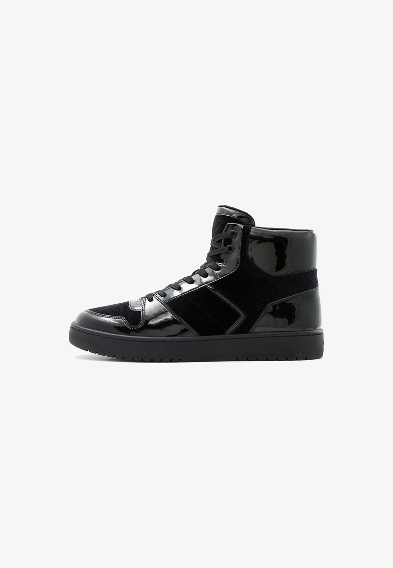 Black high-top sneaker featuring a shiny patent leather finish, mesh panels, flat black laces, and a durable rubber sole.