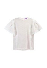 Top bianco a maniche corte con pois rosa, dettagli in pizzo sulle maniche e sui fianchi, scollatura rotonda e una piccola apertura sul retro con chiusura a bottone.