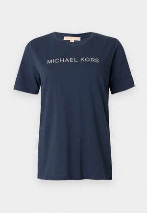 Marineblå bomulds T-shirt med korte ærmer, med "MICHAEL KORS" i rhinsten tværs over brystet. Klassisk rund halsudskæring, standard pasform.