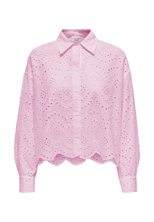 Rosa Langarm-Bluse zum Knöpfen mit gezacktem Saum und durchgehenden Lochstickmustern im Stoff.