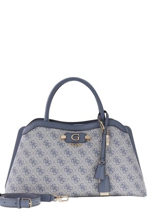 Blauwe en grijze Guess-handtas met een patroon van het logo, dubbele handgrepen, afneembare schouderriem en hardware-accenten in goudkleur.
