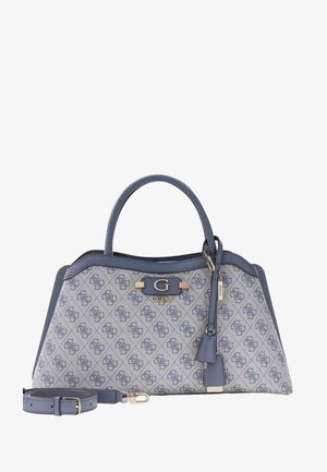 Blauwe en grijze Guess-handtas met een patroon van het logo, dubbele handgrepen, afneembare schouderriem en hardware-accenten in goudkleur.