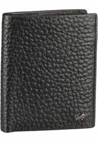 Portafoglio in pelle nera con finitura testurizzata, design a bi-fold e un piccolo accento metallico nell'angolo in basso a destra.