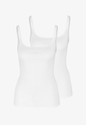 Two white cotton tank tops with thin straps and a fitted design, featuring a smooth texture and no distinct patterns or accents.