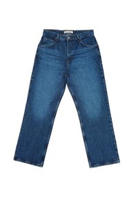 Blå jeans i denim med rak ben design, som har fem fickor, knappslutning och subtil blekning framtill.