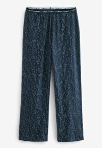 Marineblå pyjamasbyxor i ett mjukt, lätt material. Elastisk midja med en logotyp, dekorerad med vita, vågiga linjemönster.