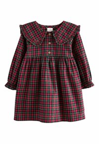 Robe pour tout-petit à manches longues à carreaux rouges et verts avec col à volants, trois boutons en bois à l'avant et jupe froncée.
