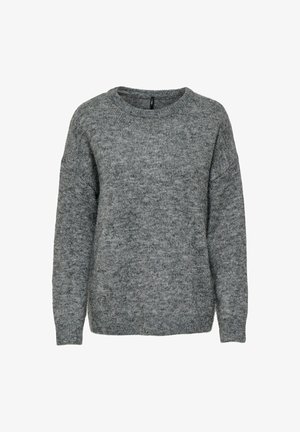 Svijetlo sivi pulover s okruglim izrezom, spuštenim ramenima i teksturiranim pletenim završetkom. Jednostavan i opušten kroj.