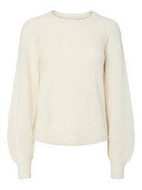 Maglione morbido color crema con scollo a giro e maniche lunghe a palloncino. I polsini e l'orlo a costine aggiungono texture e definizione.