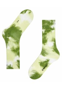 Grüne Batik-Socken mit weichem Stoff, kniehohem Schnitt und kontrastierenden weißen Akzenten. Enthält das Markenlogo auf der Unterseite.
