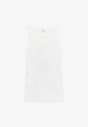 Weißes ärmelloses Oberteil aus geripptem Stoff mit rundem Ausschnitt und klaren Linien; verfügt über seitliche Nähtetails für eine figurbetonte Silhouette.