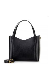 Schwarze strukturiert Lederhandtasche mit zwei Griffen, einer Fronttasche und einem abnehmbaren Schultergurt mit goldfarbenen Beschlägen.