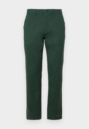 Dark green, straight-leg trousers made of cotton, featuring a front button closure, belt loops, and a smooth, matte finish.