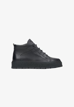 Black leather high-top sneakers with a textured rubber sole, lace-up front, and minimal stitching detail. Plain design, no visible accents.