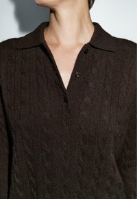 Dark brown knitted pullover with a collar, featuring a cable knit pattern and two buttons at the neckline. Soft texture and relaxed fit.