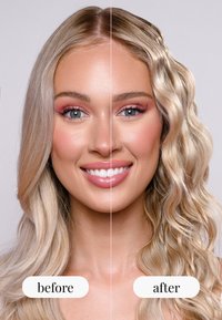 La mitad de una cara muestra cabello liso, recto y rubio claro; la otra mitad tiene cabello suave, ondulado y texturizado. Rasgos acentuados con maquillaje.