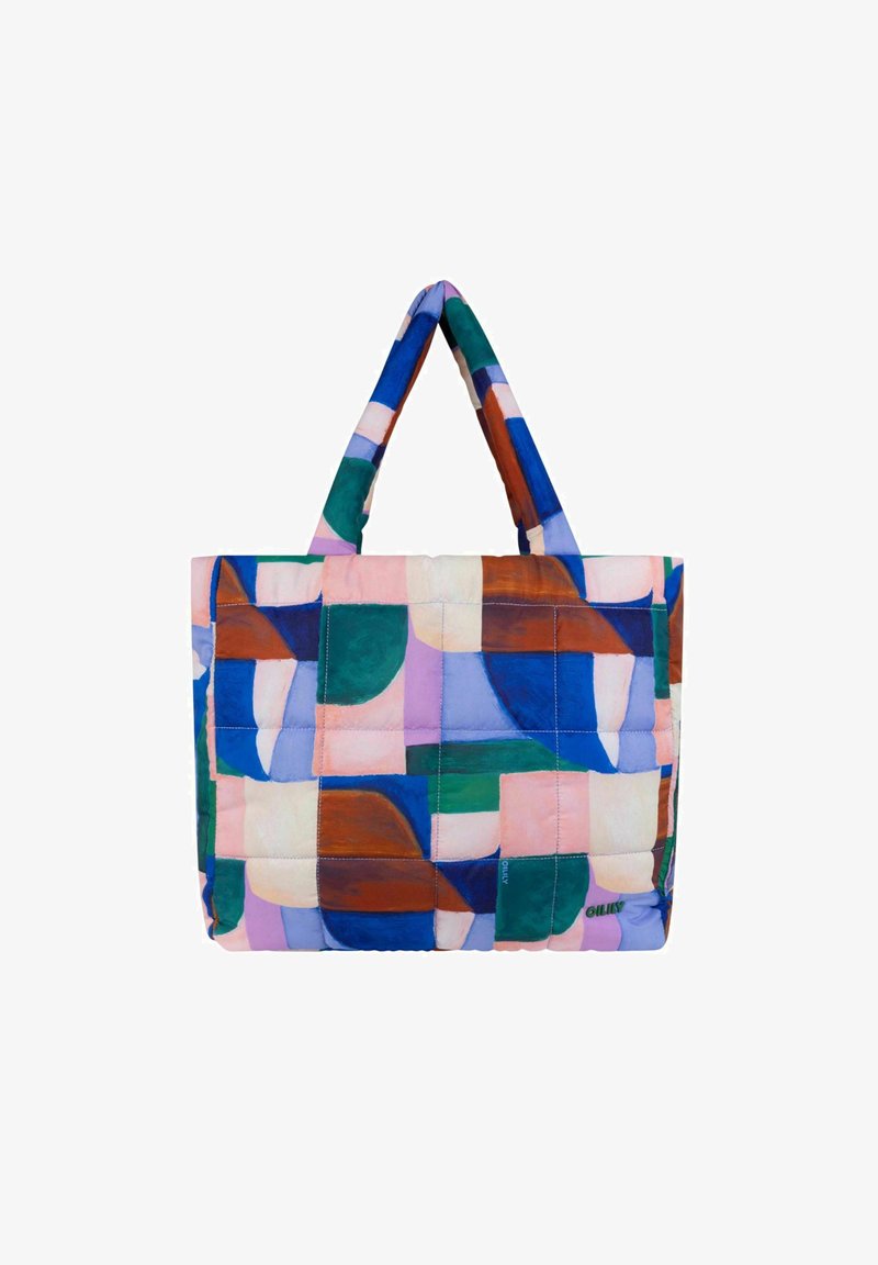 Gequilted draagtasje met een patchworkontwerp in meerdere kleuren, waaronder groen, blauw, roze en bruine accenten. Stevige handvatten.