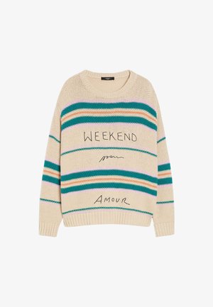Beige Strickpullover mit mehrfarbigen horizontalen Streifen in Teal, Pink und Orange. Es sind kontrastierende schwarze Schriftzüge mit "WEEKEND pour AMOUR" zu sehen.