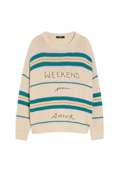 Beige knit sweater with multicolored horizontal stripes in teal, pink, and orange. Features "WEEKEND pour AMOUR" text in contrasting black.