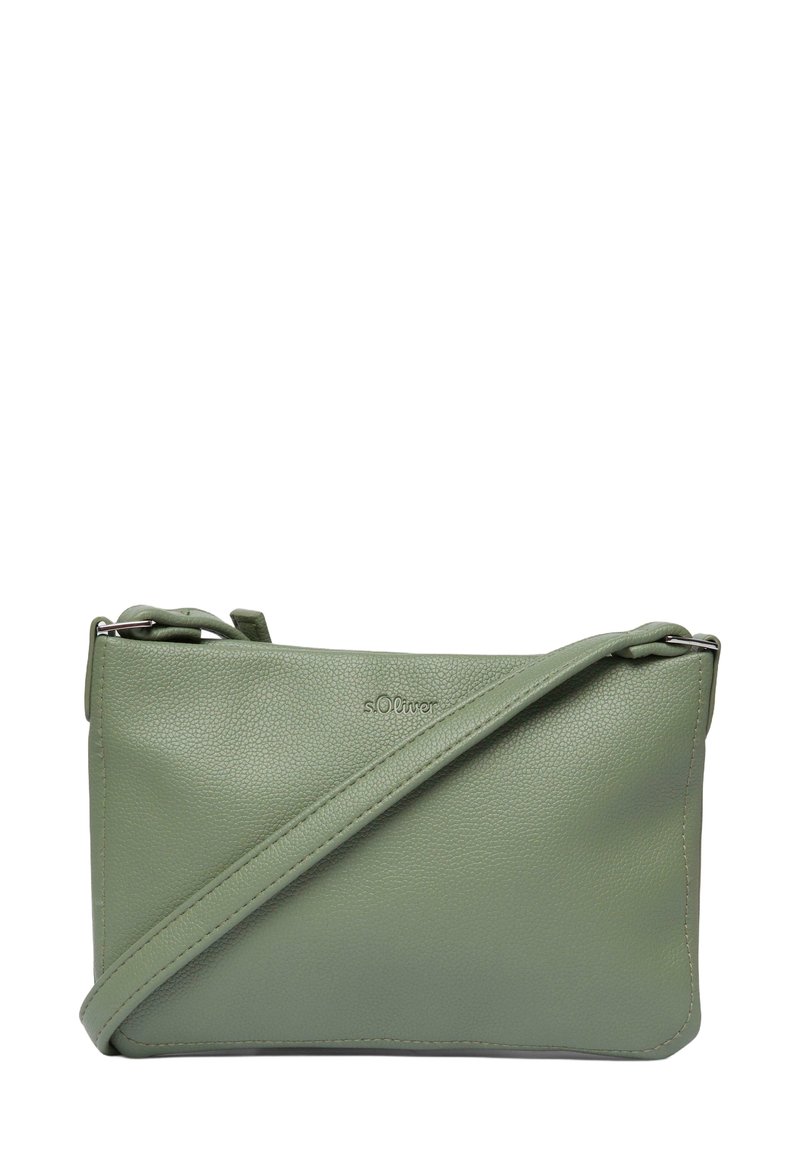 Zielona skórzana torebka crossbody o fakturowanym wykończeniu, z zamkiem błyskawicznym i regulowanym paskiem. Logo wytłoczone z przodu.