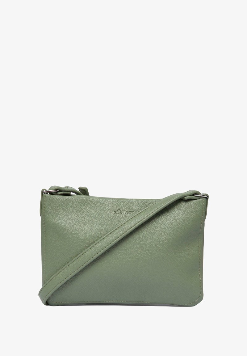 Borsa a tracolla verde in pelle con finitura testurizzata, dotata di chiusura con zip e tracolla regolabile. Logo impresso sulla parte anteriore.