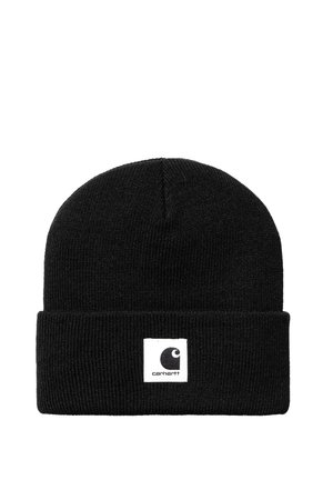 Gorro de punto negro con puño doblado que presenta un parche cuadrado blanco con un logo negro y el texto "carhartt".