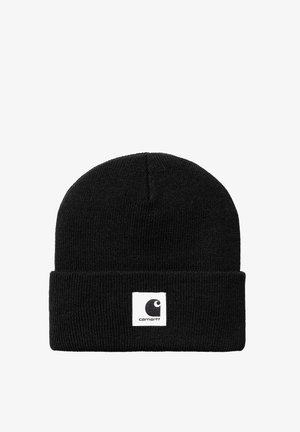 Gorro de punto negro con puño doblado que presenta un parche cuadrado blanco con un logo negro y el texto "carhartt".