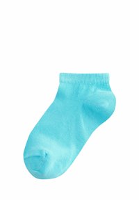 Aqua-blaue Knöchel-Socke aus dehnbarem Strickmaterial, mit glatter Textur und geripptem Bund für einen sicheren Sitz.