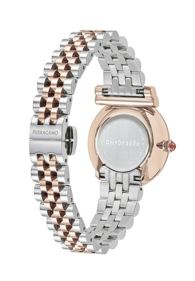 Silver och rosé guld armbandsur i rostfritt stål med länkarmband, polerad boett och rund silverfärgad urtavla med en röd krona som accent.