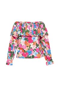 Blomstret off-the-shoulder bluse med rynket krave. Stoffet har lyse pink, blå og grønne blomster på en hvid baggrund. Lange ærmer.