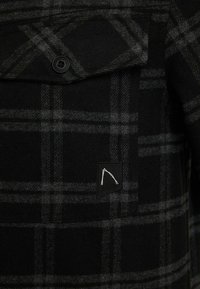 Tissu à carreaux noir et gris foncé avec une poche à rabat sécurisée par un bouton noir et un petit patch noir avec un design minimaliste blanc.