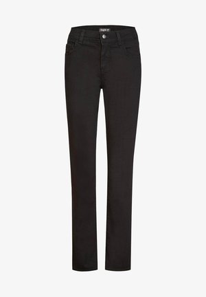 Black denim jeans featuring a slim fit, five pockets, and a button closure. Smooth texture with minimal detailing and a classic design.