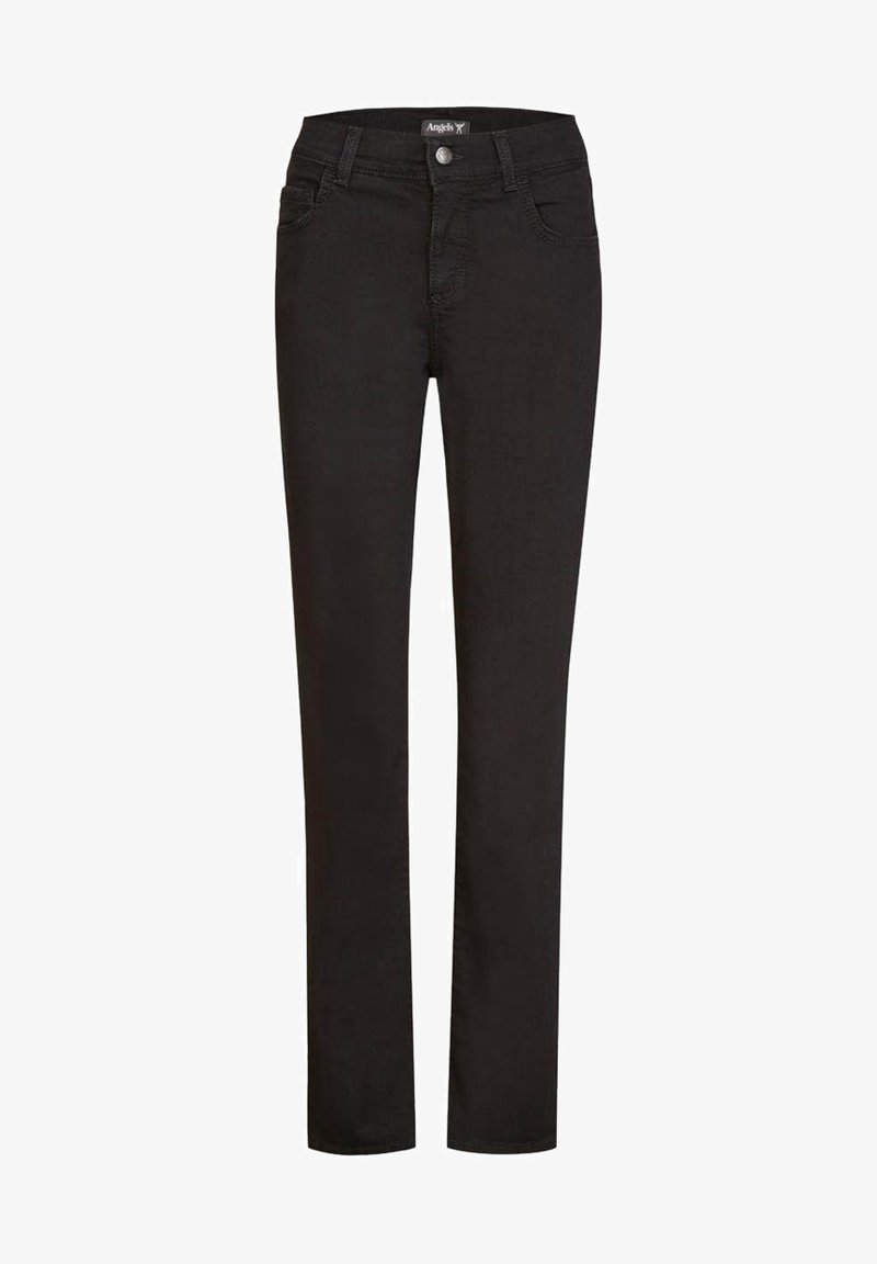 Jean en denim noir présentant une coupe slim, cinq poches et une fermeture à bouton. Texture lisse avec un minimum de détails et un design classique.