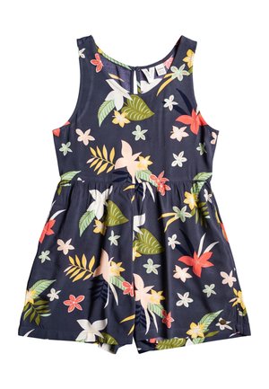 Kwiatowy kombinezon na granatowym tle, z mieszanką różowych i żółtych kwiatów, zielonych liści, bez rękawów i elastyczną talią.