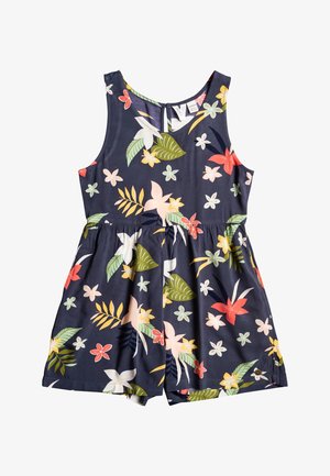 Romper à motifs floraux avec un fond marine, présentant un mélange de fleurs roses et jaunes, des feuilles vertes, une coupe sans manches et une taille élastique.