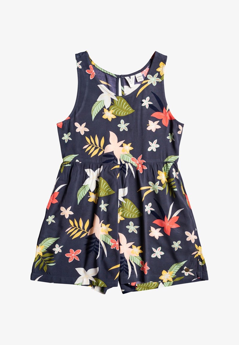 Romper à motifs floraux avec un fond marine, présentant un mélange de fleurs roses et jaunes, des feuilles vertes, une coupe sans manches et une taille élastique.