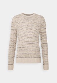 Maglione beige lavorato a maglia con maniche lunghe, scollatura e orlo a coste, caratterizzato da un motivo testurizzato con sottili strisce gialle e viola.