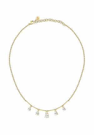 Collana d'oro con una delicata catena e cinque pendenti in cristallo trasparente, caratterizzati da forme allungate e un design minimalista.