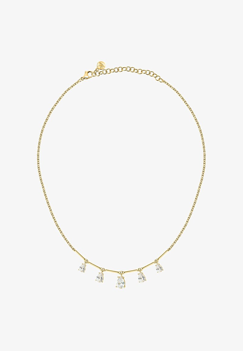 Collana d'oro con una delicata catena e cinque pendenti in cristallo trasparente, caratterizzati da forme allungate e un design minimalista.