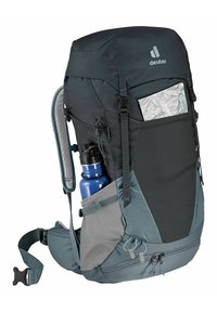 Rucksack in Dunkelgrau mit hellgrauen Akzenten. Verfügt über eine Wasserflaschen-Tasche, eine Kartenhalterung, verstellbare Schulterriemen und mehrere Reißverschlusstaschen.